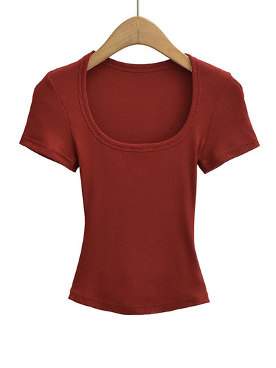 Summer square neck high elasticity crop top women's short sleeved sexy top slim fit pullover base shirt